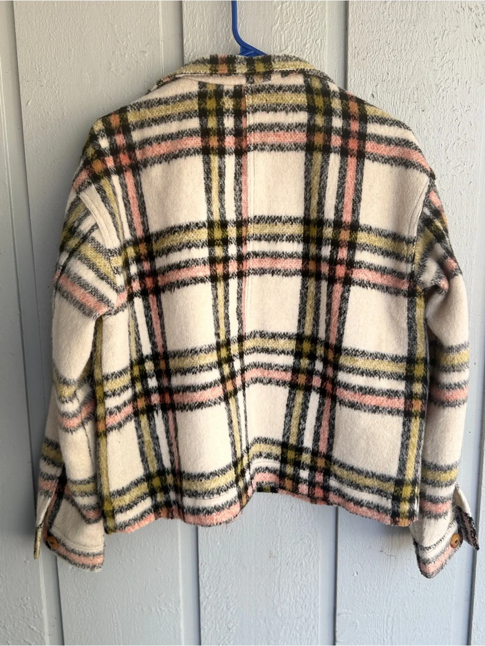 Bagatelle Cream Plaid Shacket with Pink and Olive Stripes‎ size small